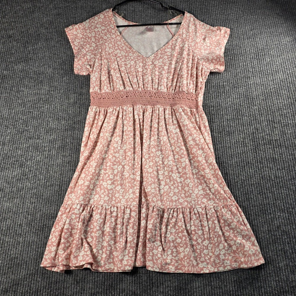 No Boundaries Pink Floral V-Neck Empire Waist Crochet Mini Dress Womens XXL 19